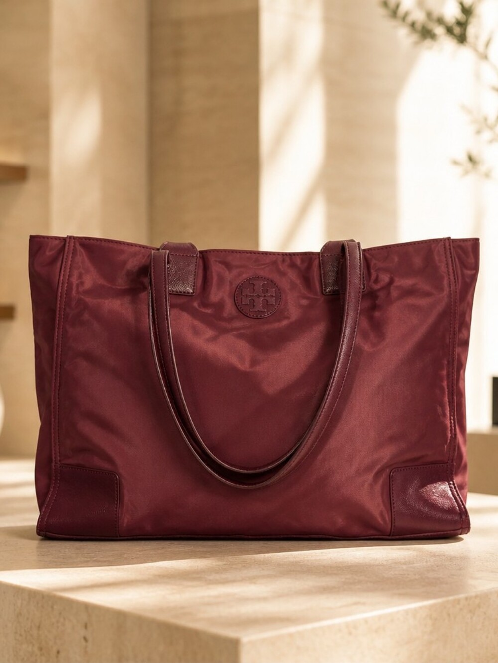 Tory Burch Deep Burgundy Nylon Tote with Leather Trim